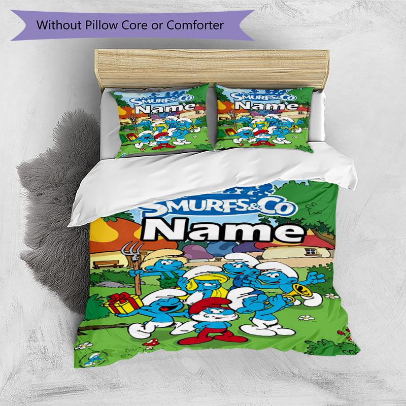 3pcs Duvet Cover Set (1*Duvet Cover + 2*Pillowcase, Without Core), Custom Name Blue Smurfs Pattern Bedding Set, Home Bedroom Decor Gift