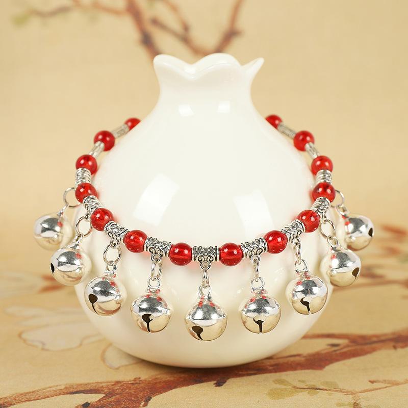 New Red Rope Woven Nine Bells Crystal Anklet Will Ring Women's High-end Temperament Retro Hidden Silver Foot Chain