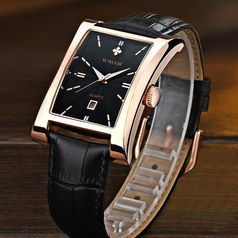 WWOOR Classic Fashion Mens Rectangle Watches Male Gold Brown Leather Quartz Waterproof Wrist Watch