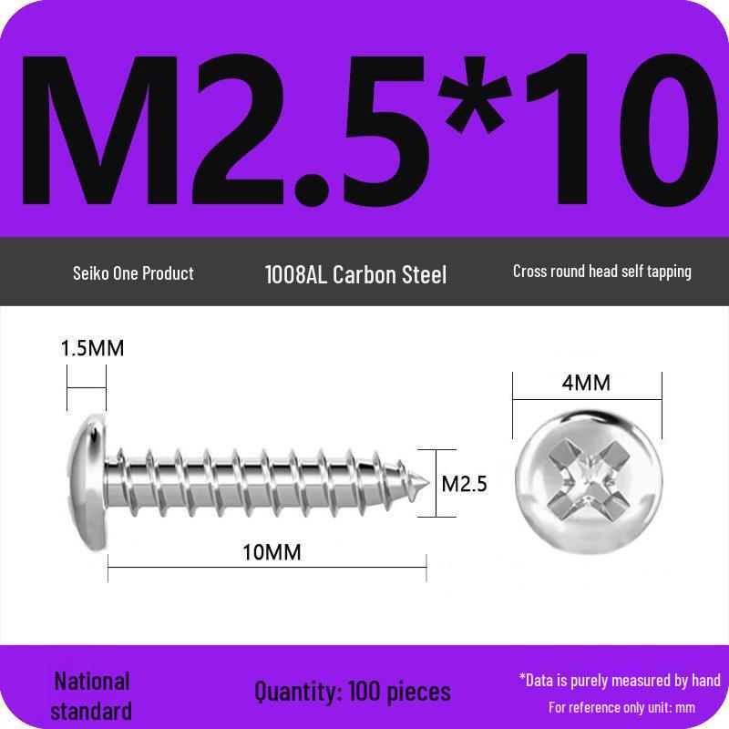 Galvanized Self-Tapping Screws, Round Head, White Zinc, PA Cross Pan, Pointed Tail M1.2-M4
