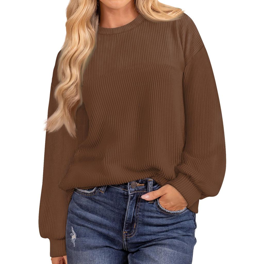 Женская мода однотонный нитка длинный рукав свободный круглый вырез пуловер топ