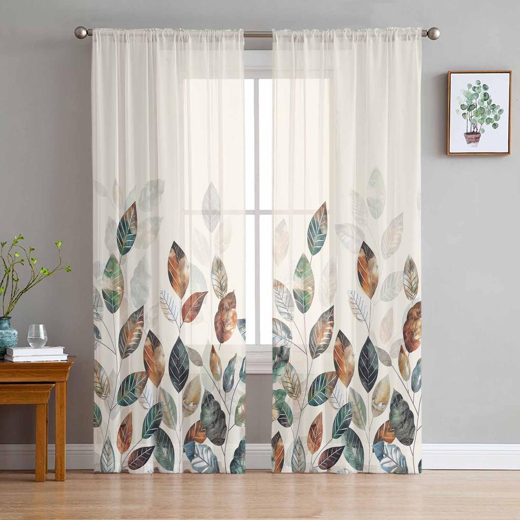 Autumn Thanksgiving Blue-Green Yellow Leaf Plants Sheer Curtains for Kids Bedroom Living Room Voile Window Curtains Tulle Drapes