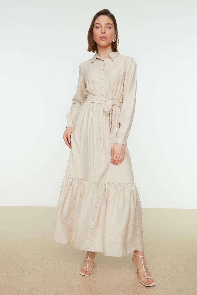 Women's Fashion New Hijab Dress Mink Belted Shoulder Detailed Skirt Flounced Woven Shirt Dress