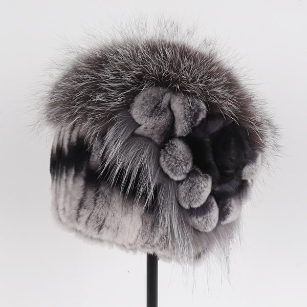Luxury Warm Real Fox Fur Bomber Hat Female Winter Hand Knitted Real Rex Rabbit Fur Hats Women Outdoor Rex Rabbit Fur Flower Cap