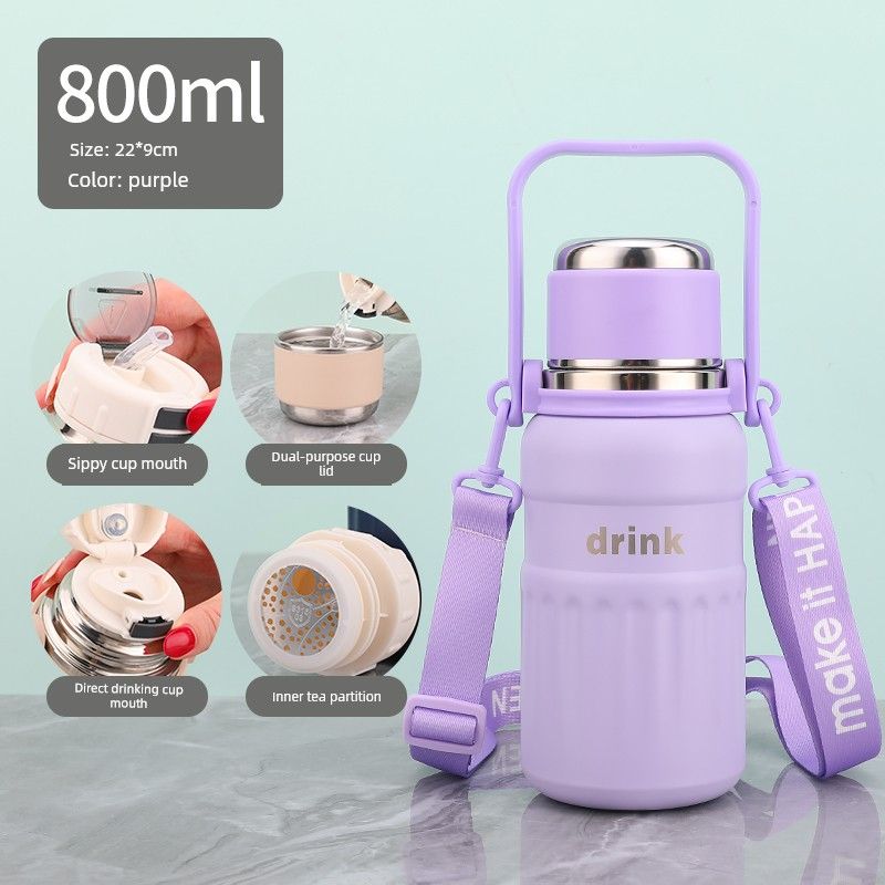 Double-Drink Student Large-Capacity Thermos Cup 316 Stainless Steel Sports Cross-Body Water Cup Special Cup for School and Travel