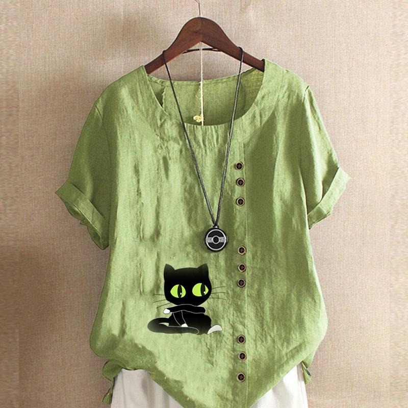Women's Fashion Round Neck Short Sleeve T-shirt Casual Cotton Linen Graphic Shirt Leisure Loose Black Cat Prined Summer Blouse Tops