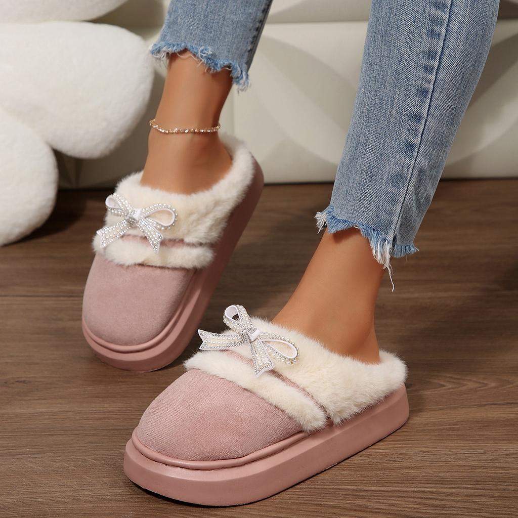 Fashion Elegant Glitter Bowknot Furry Mules Slippers Women 2025 Winter Soft Thick Bottom Indoor Slippers Fashion Faux Fur Slippers