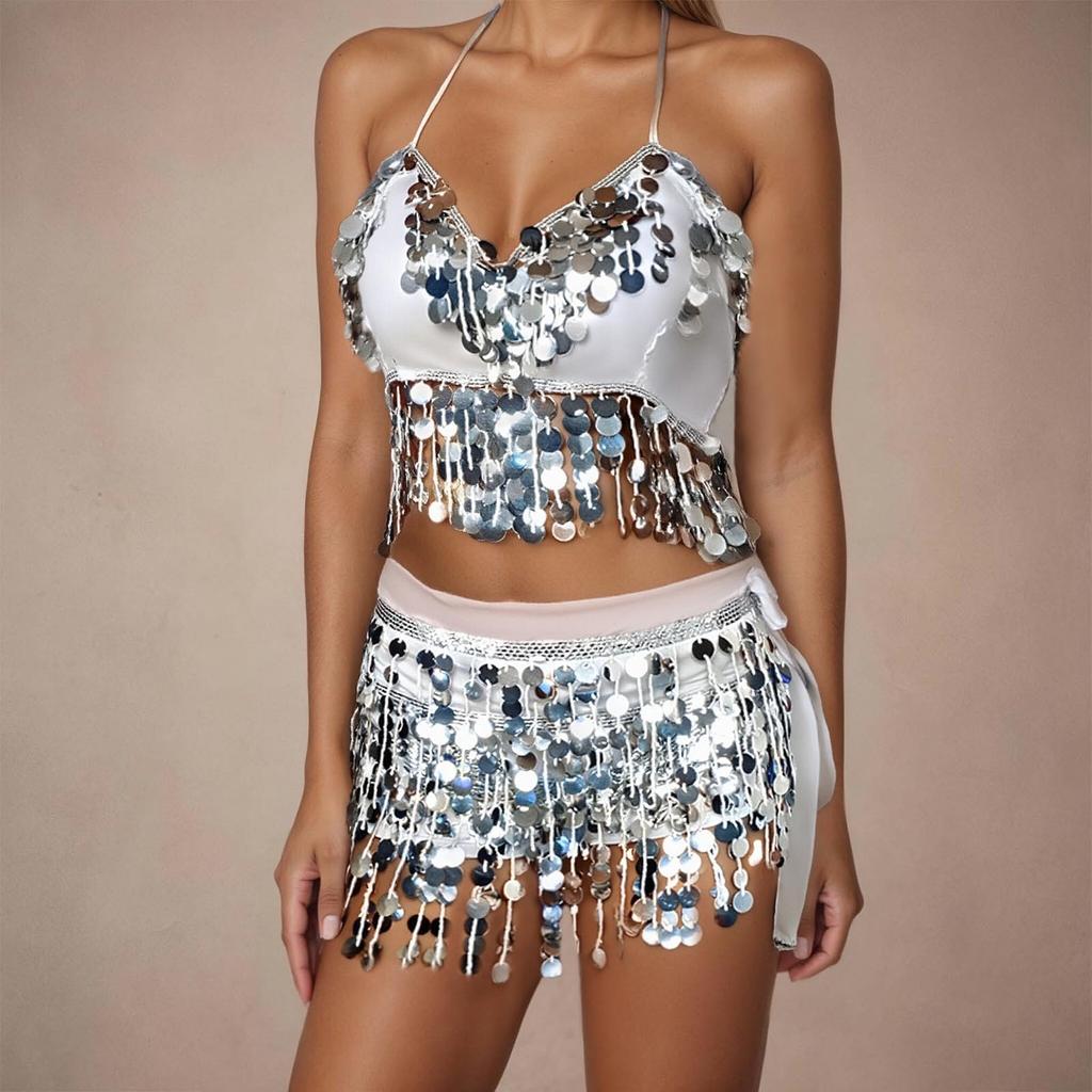 2 Pieces, Bra With Sequined Tassels, Fringed Top, Belly Dance Skirt, Carnival, Club, Costumes