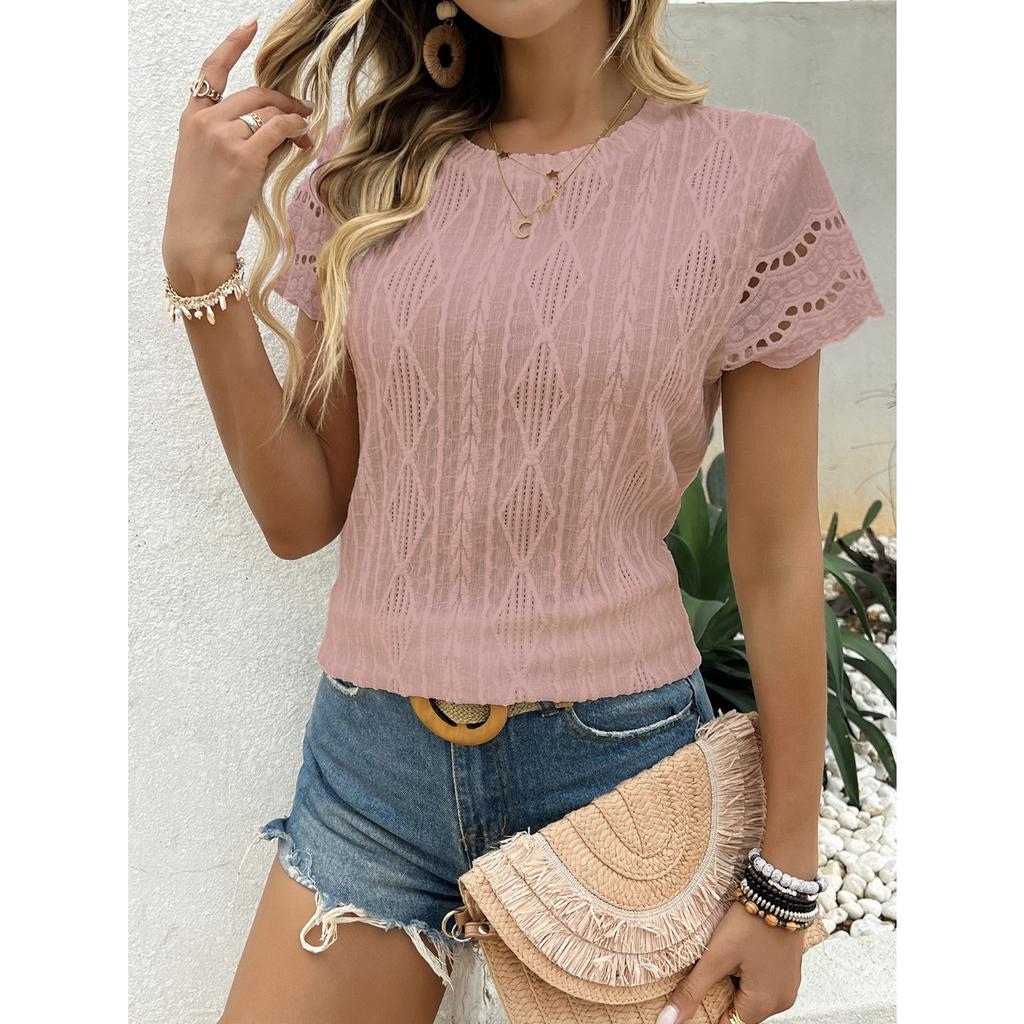 GMXIA Spring Summer Fashion Round Neck Hollow Short Sleeve Round Neck T-shirt Top Woman