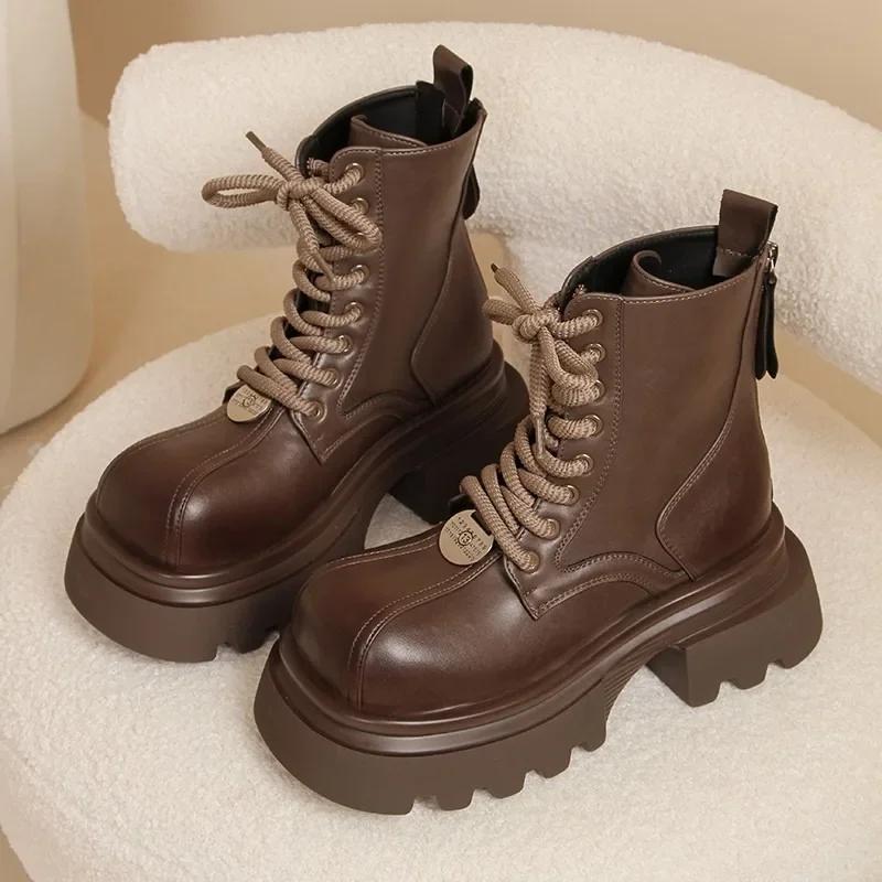 Мода 2024 года, новые туфли, женские ботинки на шнуровке, женские зимние ботинки в римском стиле с круглым носком, короткие, на платформе, с толстым каблуком, на молнии, модные ботинки