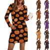 Women's Fashionable V-neck Long Sleeved Drawstring With Pocket Halloween Printed Casual Dress