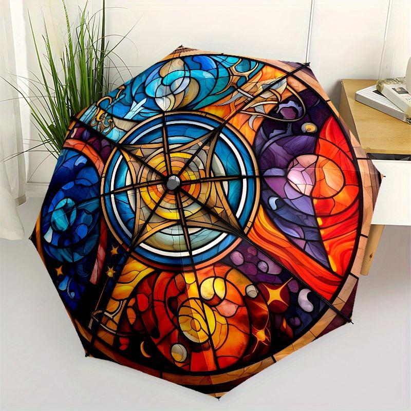 Stained Window Panel: Vibrant Artwork for Home DecorUmbrella, Portable 3-Fold Compact Umbrella for Men & Women Gift