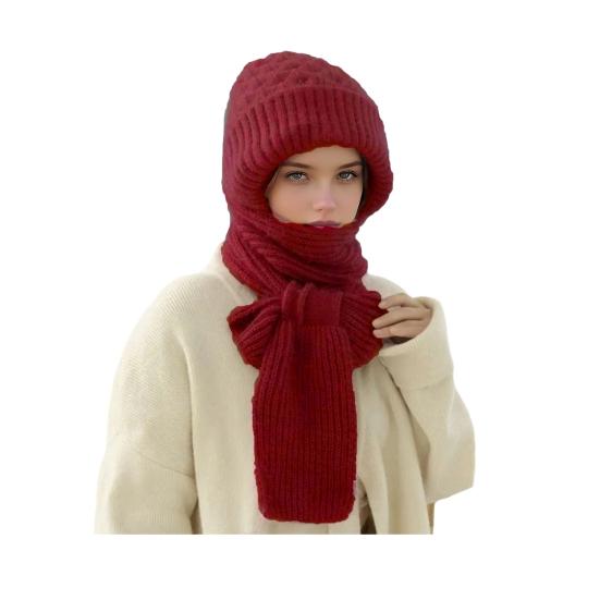 Winter Knit Hat with Integrated Scarf Solid Color Thickened Velvet Women Hat Long Scarf Set Cold Weather Headwear