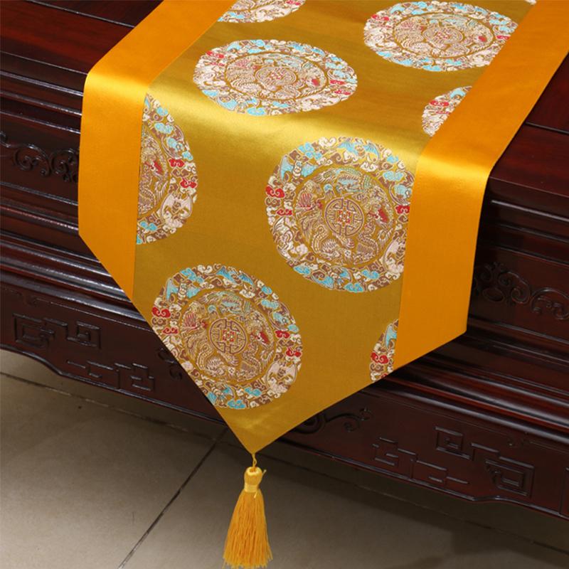 Chinese Silk Dragon Phoenix Floral Table Runner with Tassels and Lace Wedding Decor Centerpiece