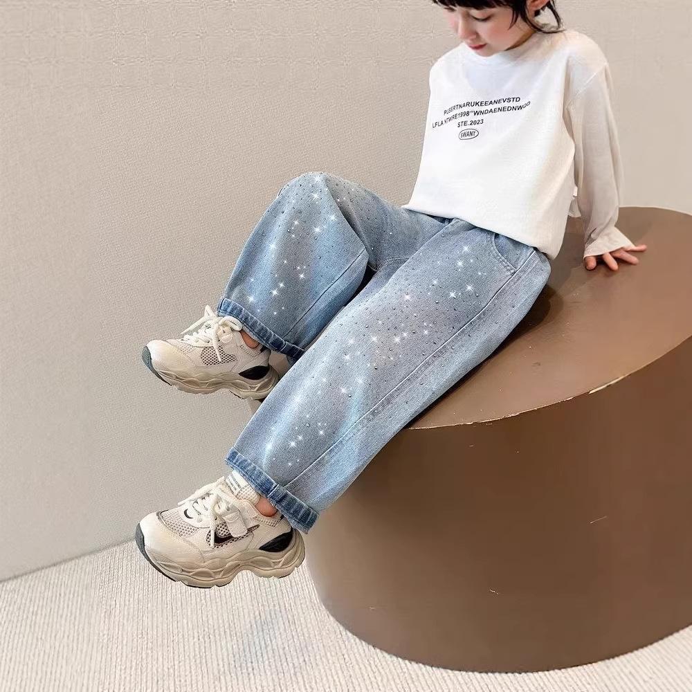 Spring Autumn Kids Girl Jeans Loose Casual Kids Denim Pants with Embellishments Children Girls Shiny Trousers