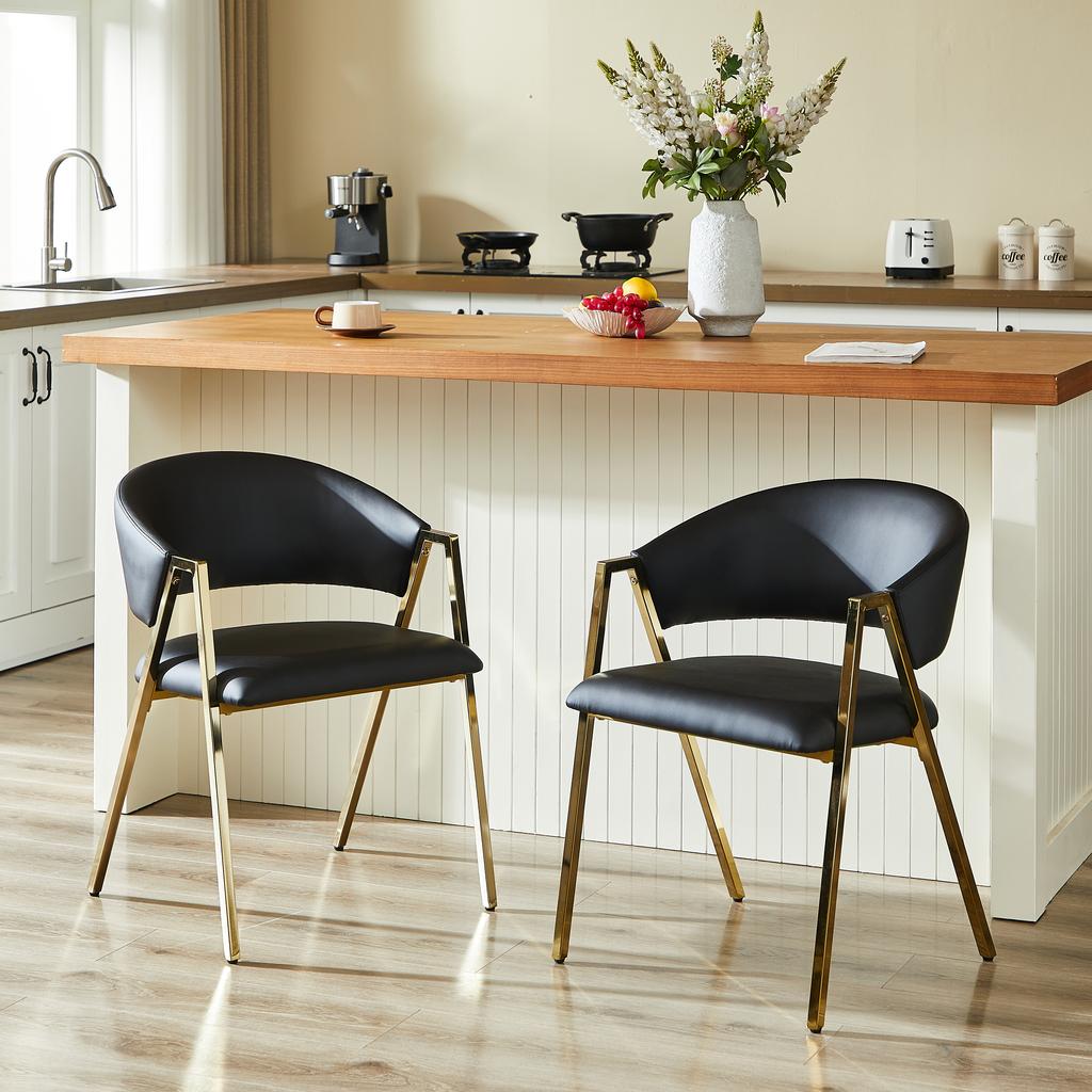 Set of 2 Dining Chairs in Black PU Leather, Luxurious Gold Metal Frame, Modern Minimalist Chair with Backrest, Suitable for Dining Room & Living Room