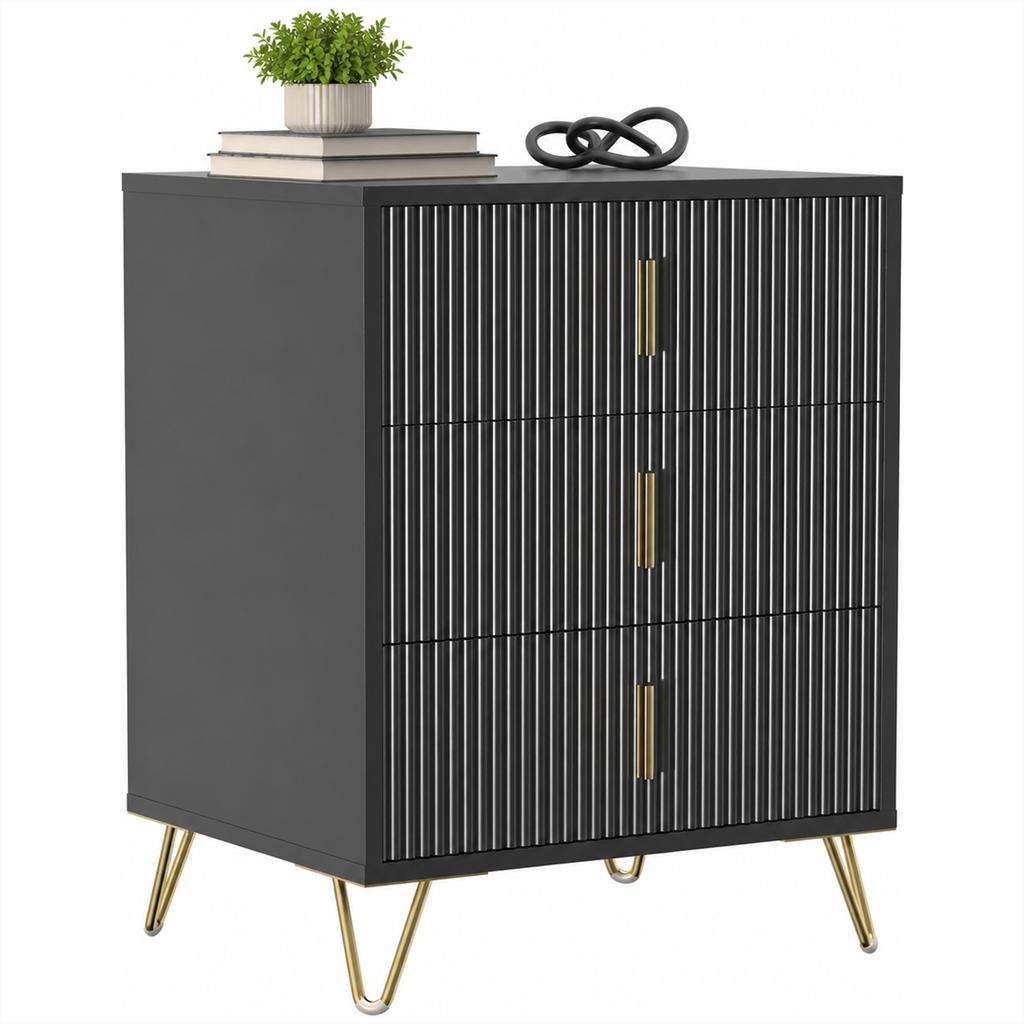 Modern 3-Drawer Dresser Fluted with Metal Legs for Bedroom, Black