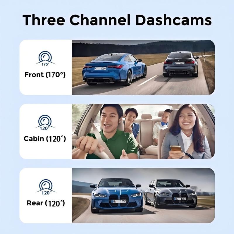 3/4-Channel Car Dash Cam, Front 1080P FHD, Inside & Rear 720P, G-Sensor, Loop Recording
