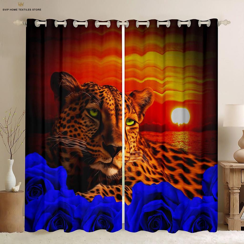 Занавеска с изображением розового цветка и тигра, напечатанная на 3D-принтере, занавеска в стиле ретро, украшение окна, карман для штанги, украшение для дома, 2 шт.