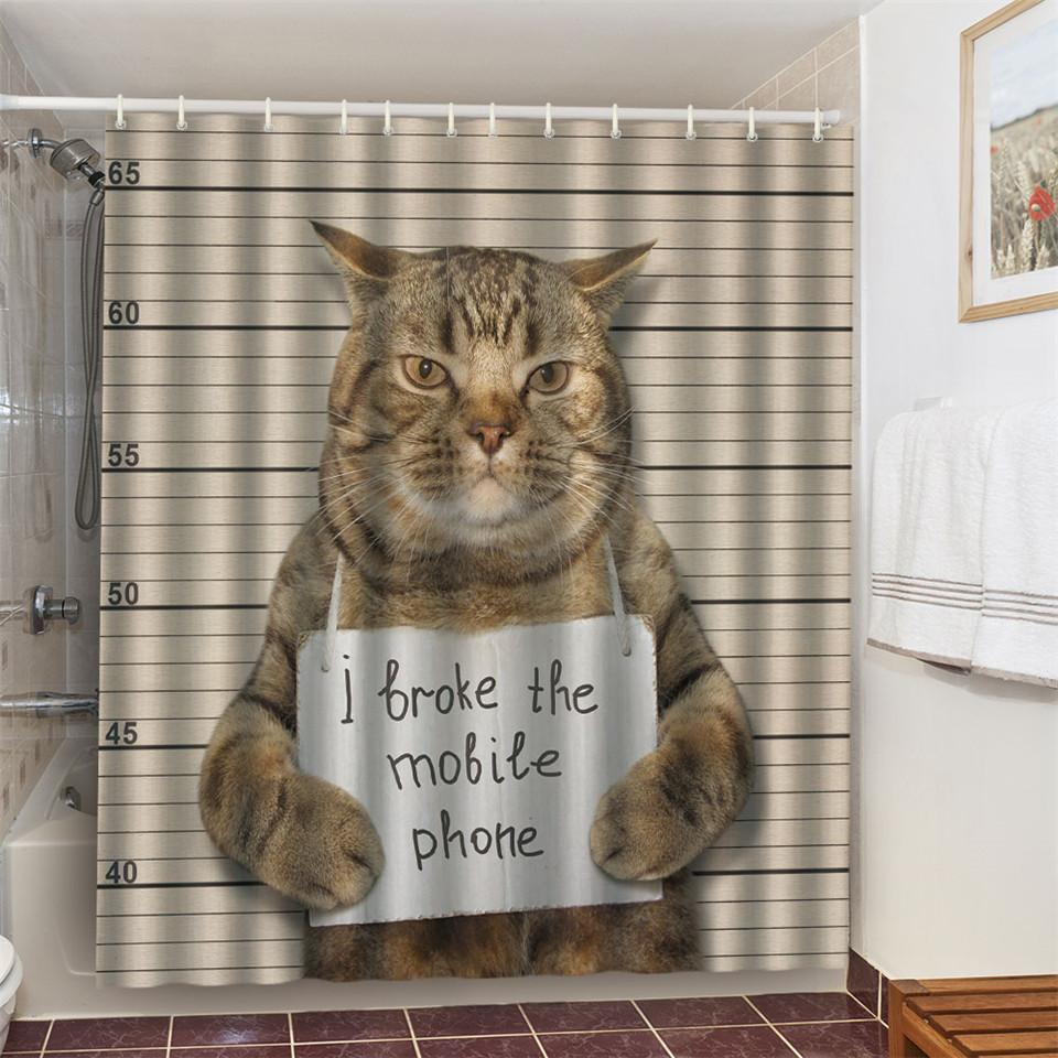 Cat Brushing Teeth Shower Curtain Bathroom Product Waterproof Durable Polyester Fabric Room Decoration Cortinas With 12pcs Hooks