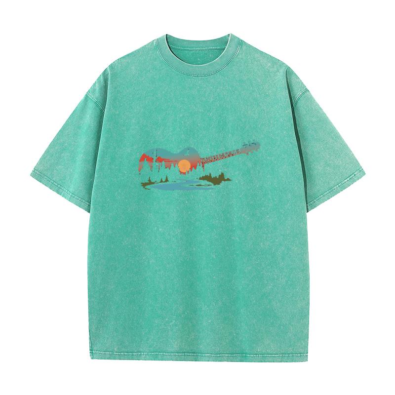 Nature Guitar Round Neck Vintage T Shirt Lovers Day Tops Tees Short Sleeve Funny Cotton Outdoor Washed Tops Tees Slogan Male