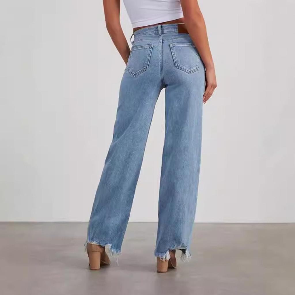Женские повседневные модные свободные джинсы с широкими штанинами, боковыми швами и необработанным краем