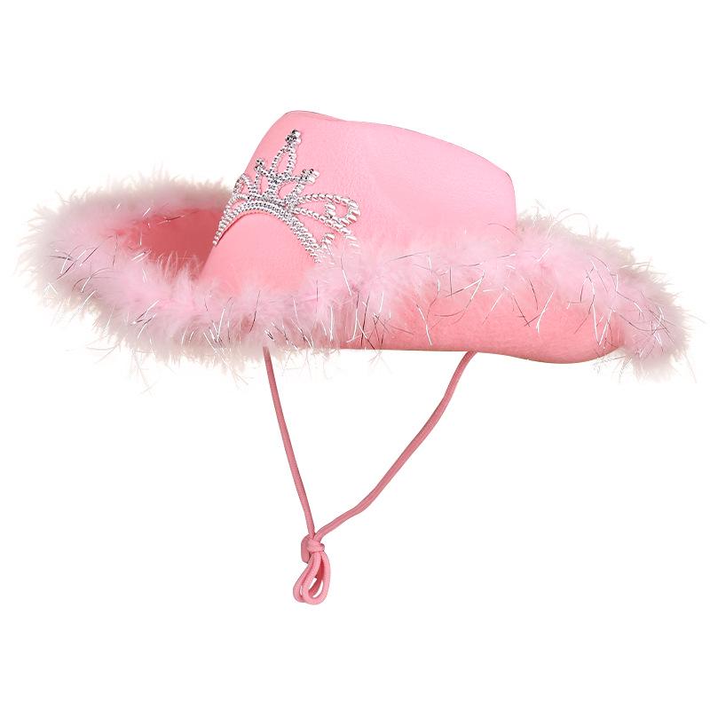 Розовая ковбойская шляпа с короной из перьев и стразами для фестивалей