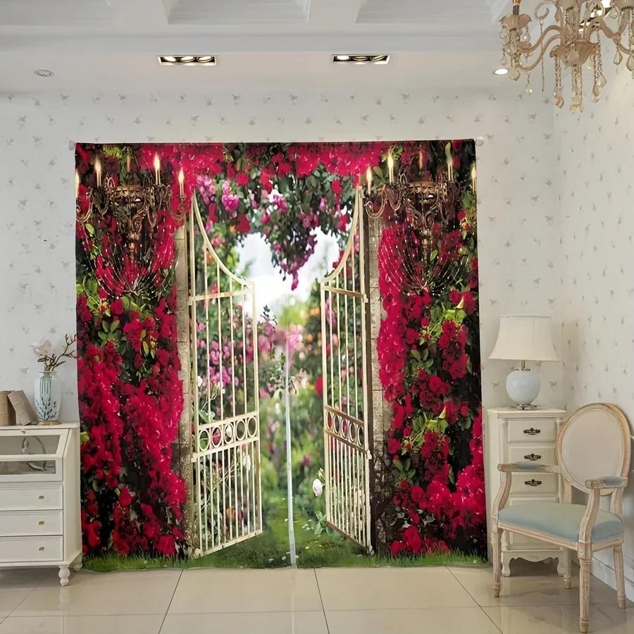 3D 2panels Blooming Roses Printed Curtain, For Bedroom Office Kitchen Living Room Study Home Decor