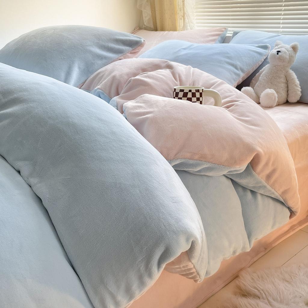 2026 New Solid Color Double Parcel Milk Fleece Quilt Set Four-piece Winter Flange Coral Fleece Quilt Cover Bed Sheet Set