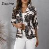 Danmo Autumn 3/4 Sleeve Cardigan Jacket Fashion Printing Button Slim Office Lady Blazer Women Elegant Turn-Down Collar Suit Coats