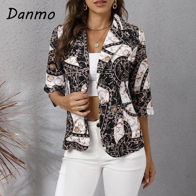 Danmo Autumn 3/4 Sleeve Cardigan Jacket Fashion Printing Button Slim Office Lady Blazer Women Elegant Turn-Down Collar Suit Coats