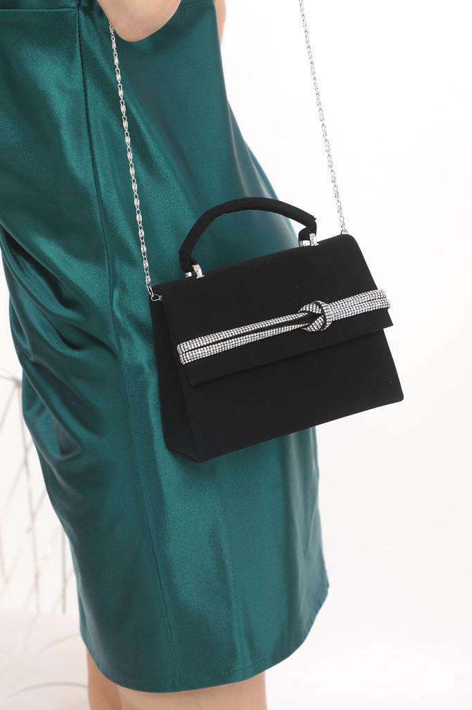 Women's Stylish and Useful Evening Dress Bag Black Color Suede Material Stone Accessory Magnetic Closure Shoulder Strap Available (Small Size)