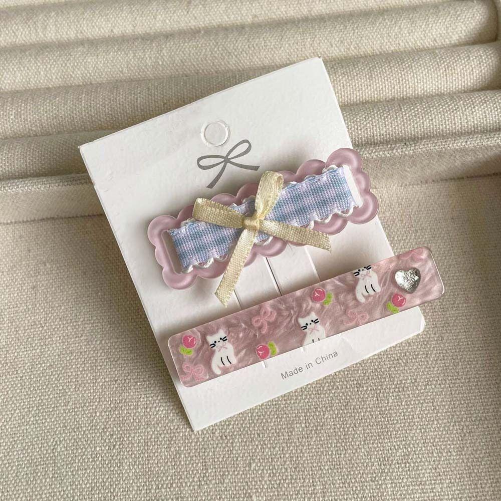 2 шт./компл. Корейский стиль Мультяшный кот Заколки-автоматы Корейская заколка для волос Бант Клетчатая заколка для волос Лето