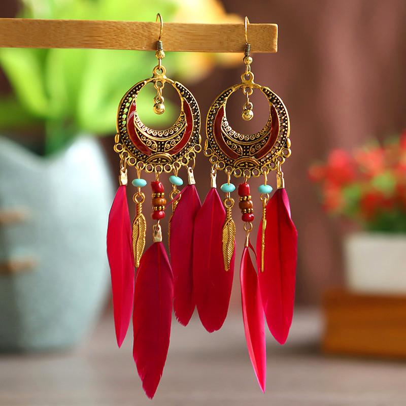 Серьги-перья с дизайном в виде полумесяца antique gold color для женщин, длинные, этнические, элегантные, бохо, для вечеринки, отпуска, повседневные украшения