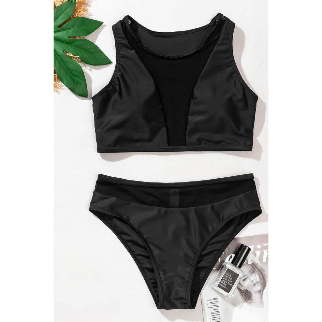 Women's Black Tulle High Waist Bra Set