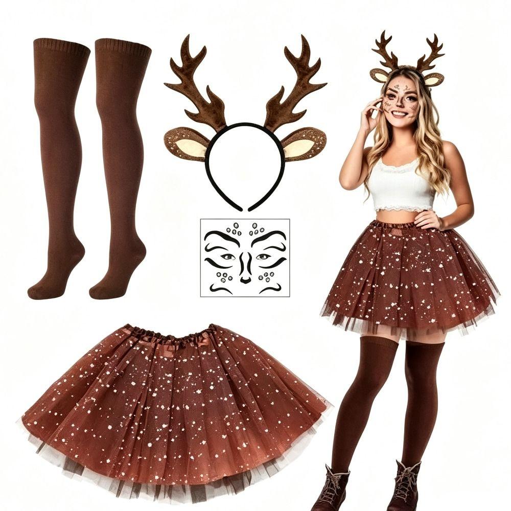 Brown Polka Dot Deer Cosplay Kit Furry Antler Tutu Skirt Set Sexy Reindeer Costume Set For Girls