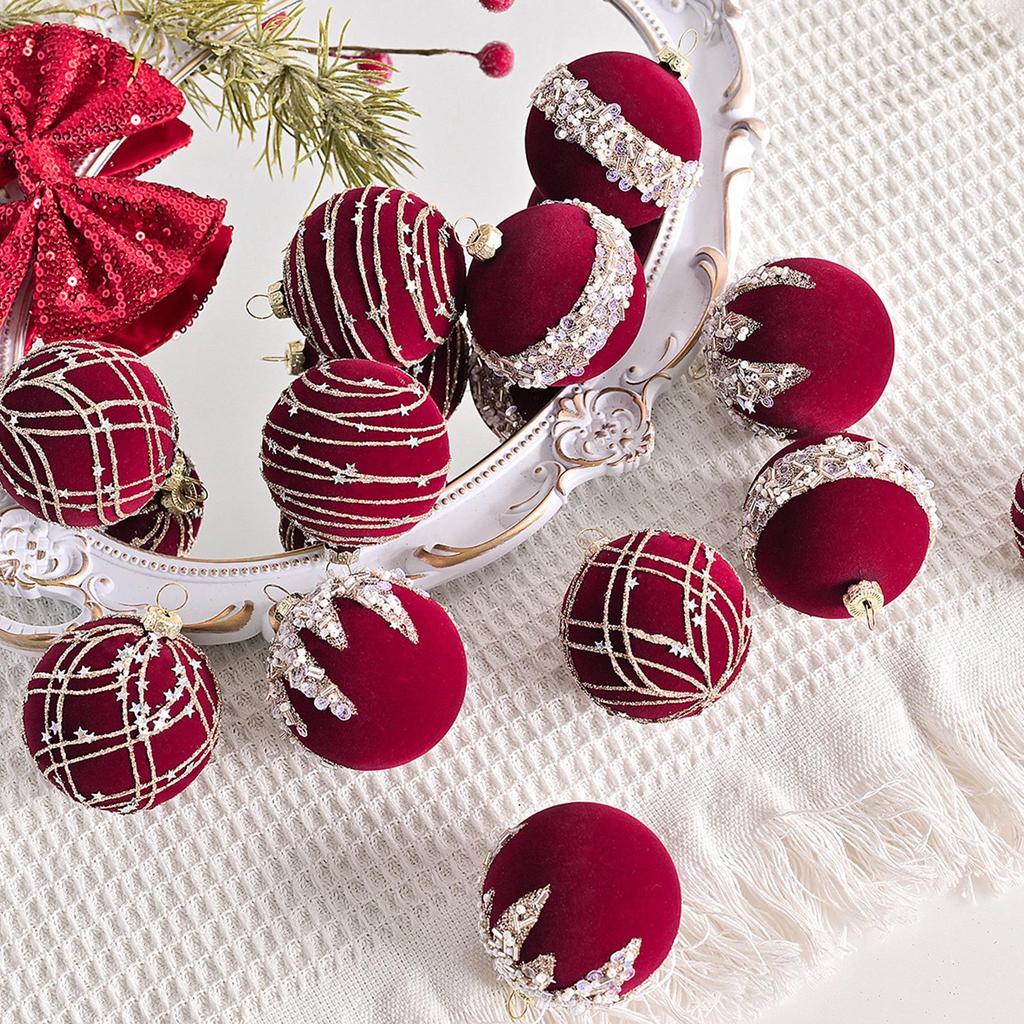 Velvet Flocked Christmas Balls 12X Christmas Tree Ball Decorations Retro Decorative Christmas Tree Ball With Glitter For New