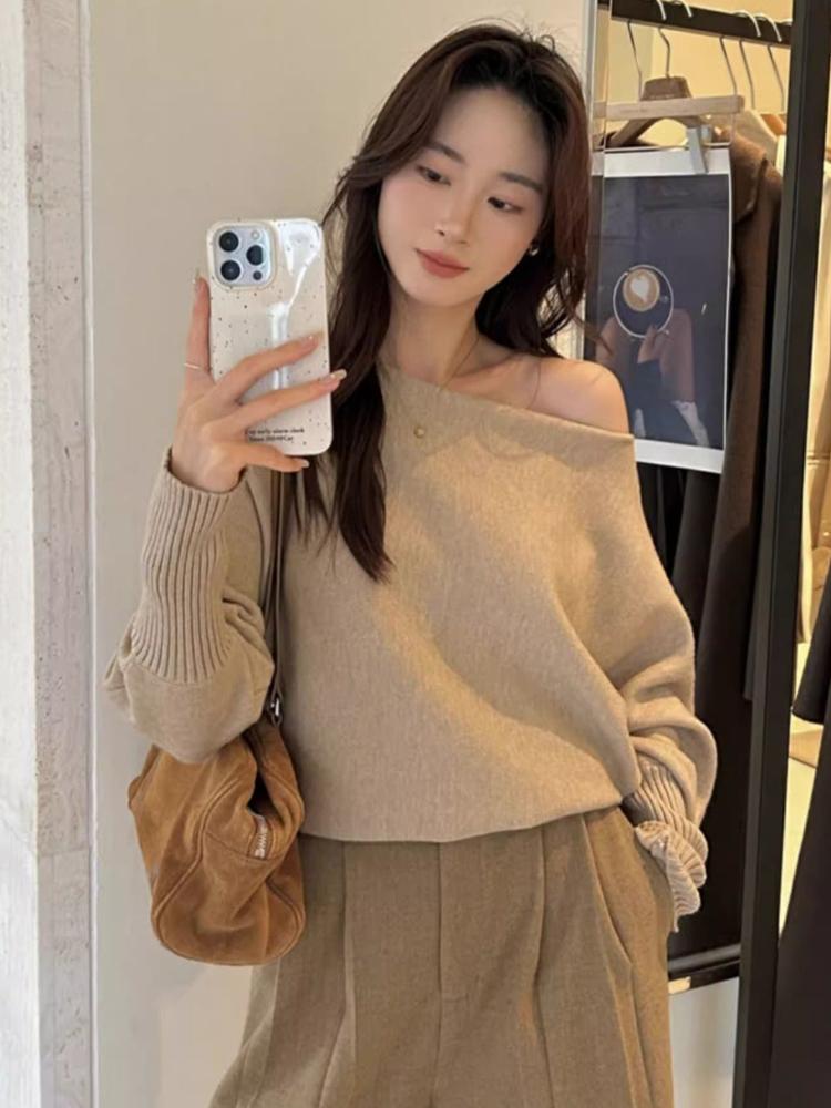 Женский сексуальный мягкий восковой свитер с открытыми плечами, осенний корейский модный новый однотонный повседневный пуловер серо-черного цвета, одежда