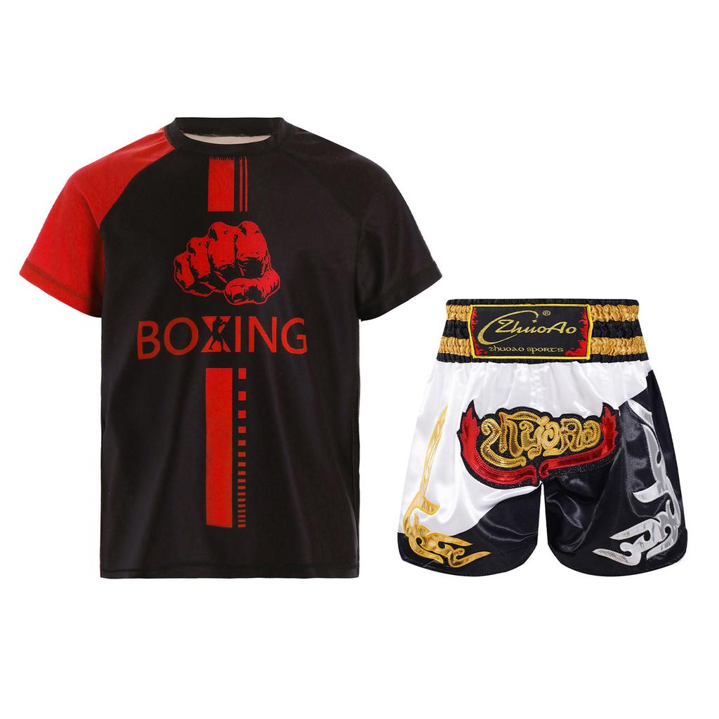 Boys Boxer Training Set Color Block Patchwork T Shirt Round Neck Short Sleeve Athletic Top Boxing Shorts