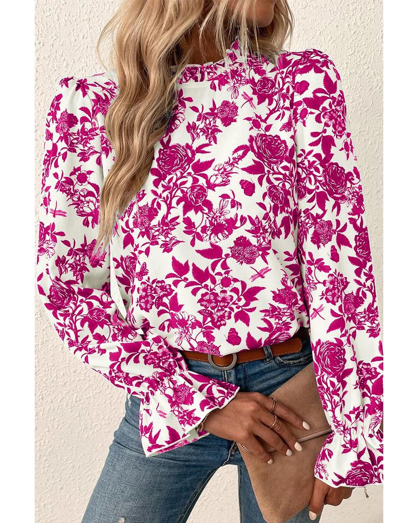 Azura Exchange Rose Floral Print Flounce Sleeve Keyhole Back Blouse