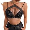 Сексуальные топы с бретелькой через шею, укороченные топы без рукавов с открытой спиной, ажурная сетка, блестящие стразы, инкрустированные перспективным шейным ремешком