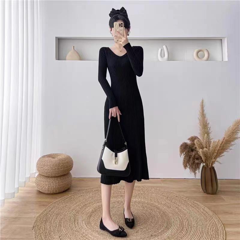 JulyPalette Solid Knitted Dress Fall Winter V-neck Slim Long Sleeve Dress Elegant Ladies Black Midi-length Sweater Dresses