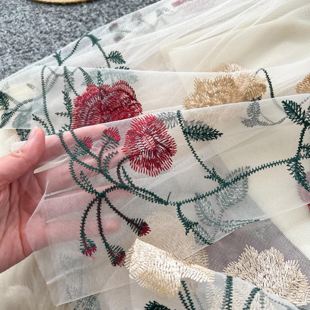 Summer Women Elegant Mesh Embroidery Flower Long Midi Tulle Skirt