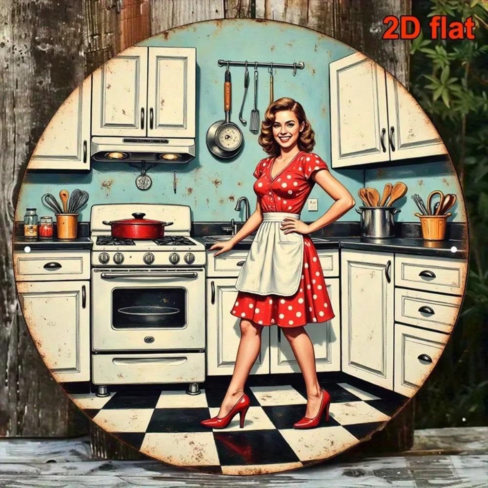 D Flat High Definition Metal Wall Art Vintage Retro Kitchen Scene with Beautiful Smiling Woman in Red Polka Dot Dress and White