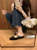 Sheepskin Version~ French Small Square Head One-word Diamond Strap Leather Muller Shoes Inner Height Increase Thick-soled Half Slippers Women