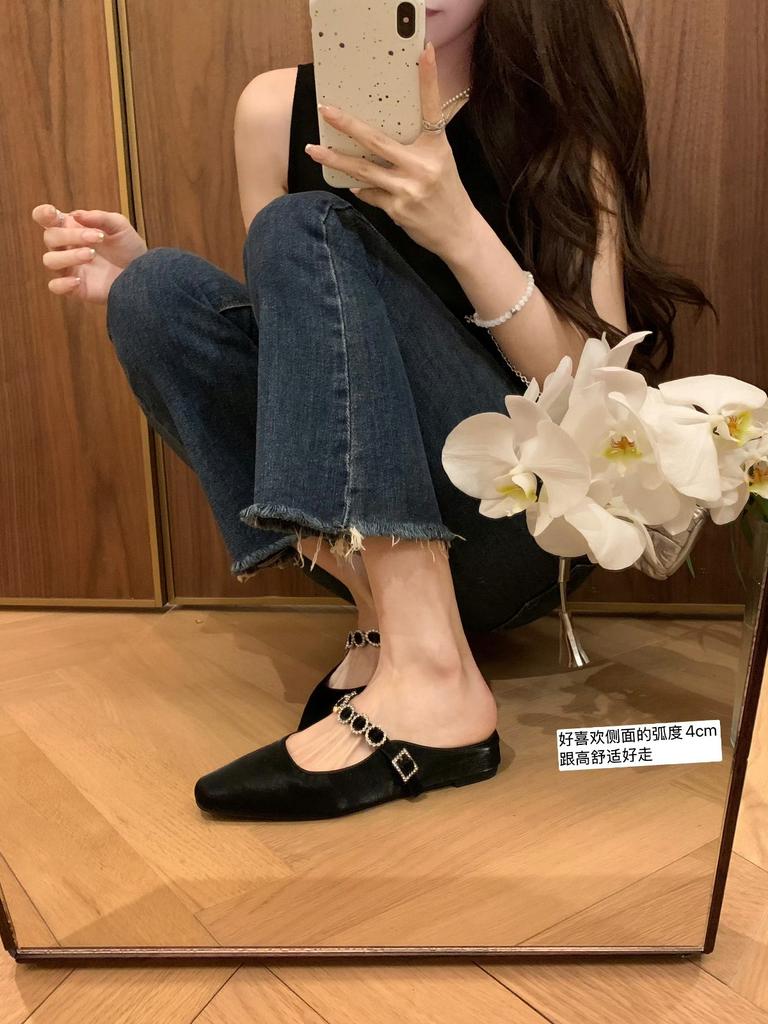 Sheepskin Version~ French Small Square Head One-word Diamond Strap Leather Muller Shoes Inner Height Increase Thick-soled Half Slippers Women