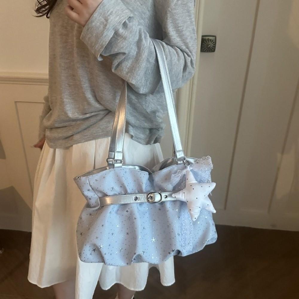 Solid Color Star Print Handbag Nylon Underarm Shoulder Bag Simple Women Tote Bag Ladies