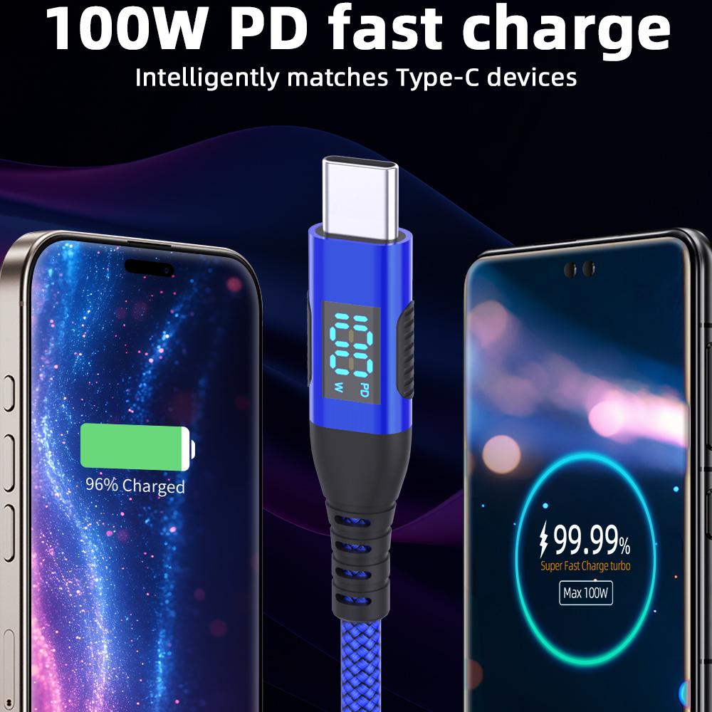 1m USB-C to USB-C Cable 100W 5A/20V Nylon Braided Phone Tablet Fast Charging Digital Display Cord