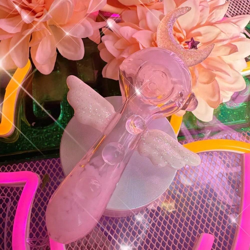 4" Moon and Wings Design Magic Handmade Borosilicate Glass Pipe