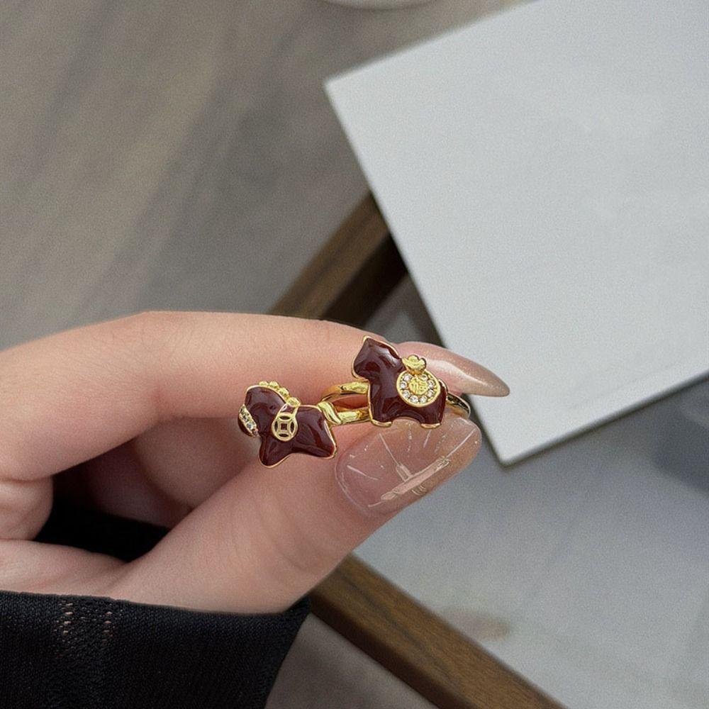Adjustable Zodiac Horse Ring Cartoon Opening Ring Unique New Year Drip Oil Ring Decoration